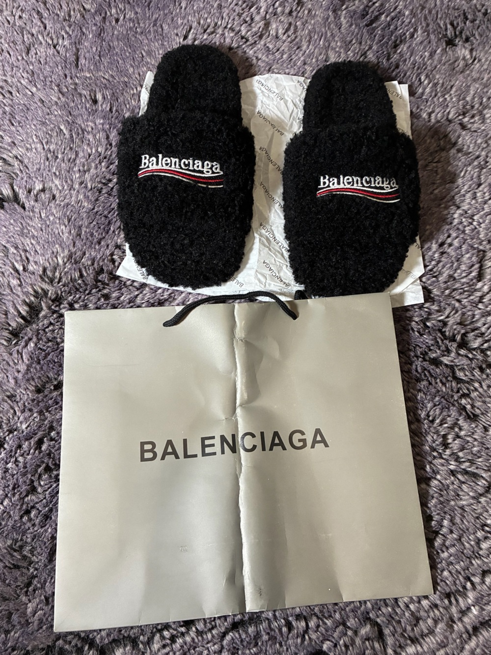Balenciaga Black Fuzzy Slip-On Slides